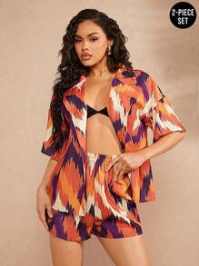 Hauture Áo sơ mi cài nút họa tiết Ikat và bộ đồ hai mảnh ngắn - Nhiều màu - Xem 1