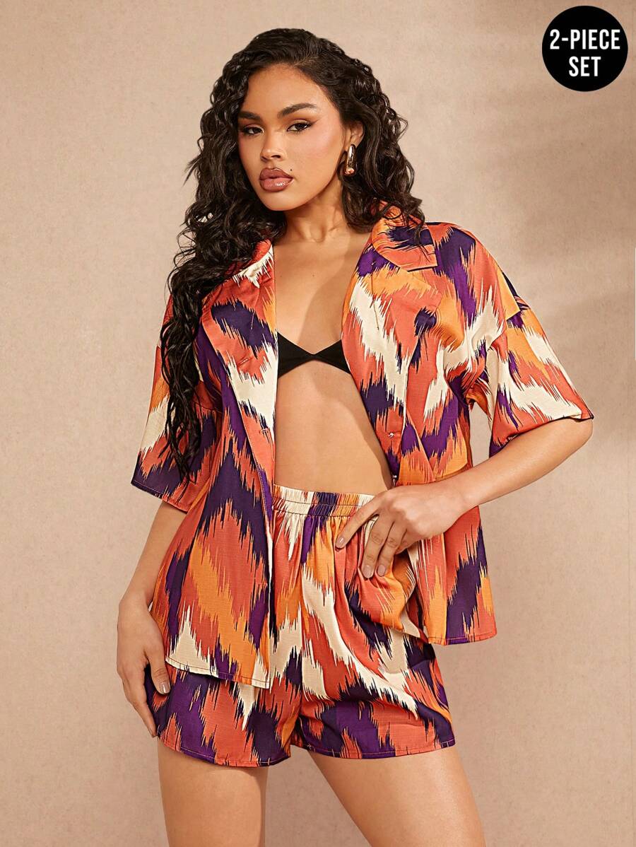 Hauture Áo sơ mi cài nút họa tiết Ikat và bộ đồ hai mảnh ngắn - Nhiều màu - Xem 1