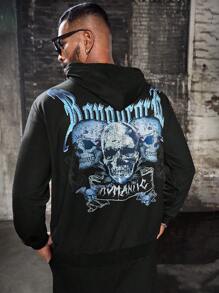 Manfinity LEGND Plus Size Men's Letter & Skull Print Drawstring Sweatshirt And Pocket Pants Set,Halloween Clothes , Party , Goth , Plain , Letter - Black - View 2
