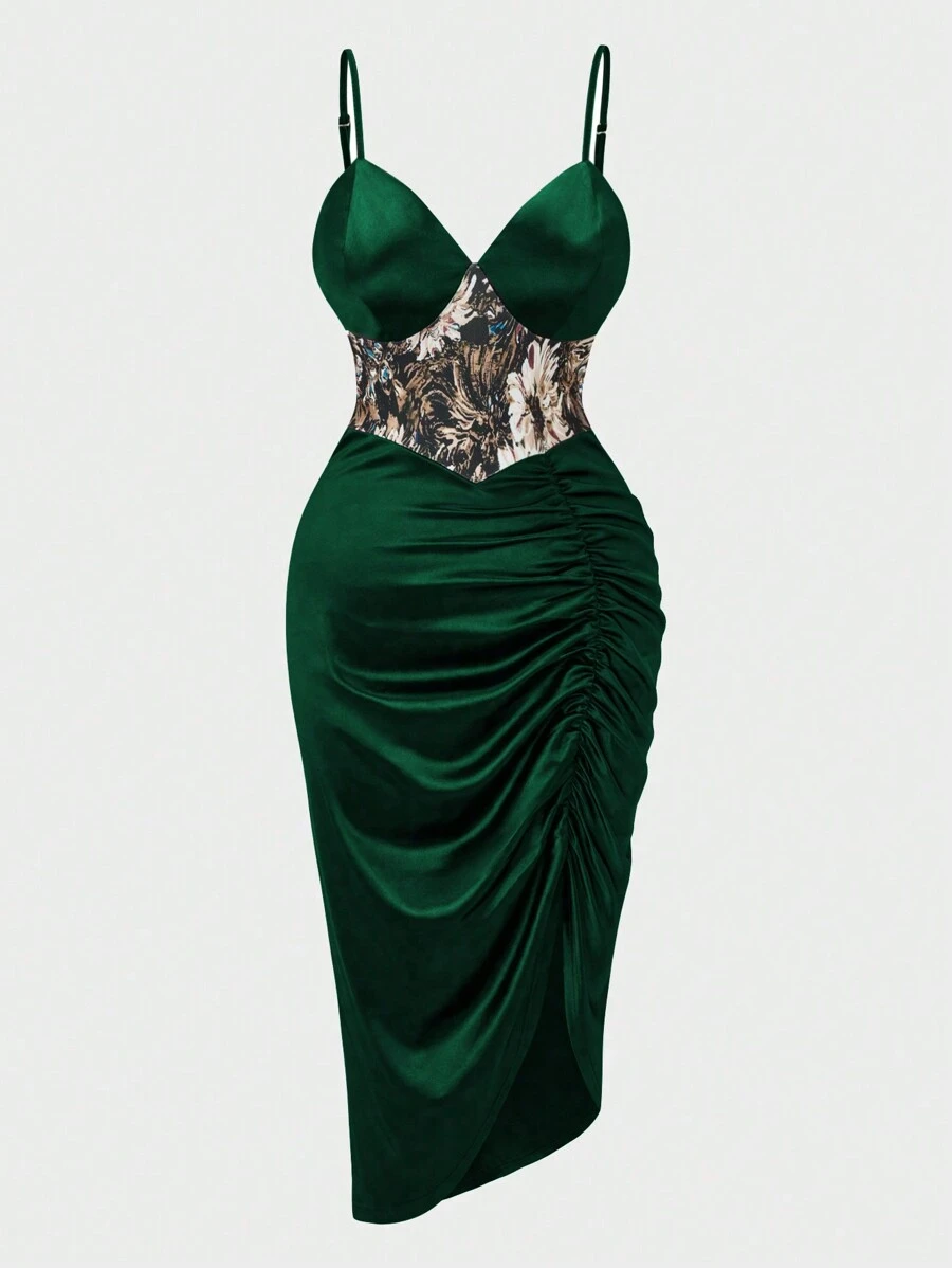 SHEIN Belle Vestido de verano de talla grande, elegante, con patchwork de jacquard, arrugado y con tirantes divididos - Verde Oscuro - Ver 1