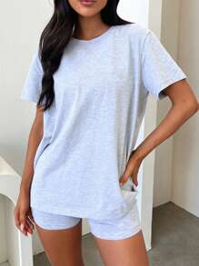INAWLY Conjunto casual de 2 piezas con top de cuello redondo de manga corta y shorts de unicolor para mujer en verano - Gris - Ver 2