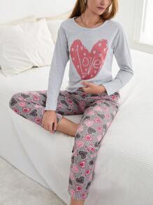 RueChic 2Pcs   Heart Printed PJ Set - Grey - View 1