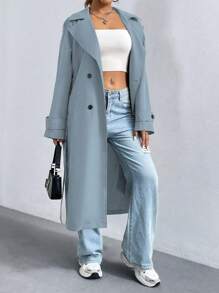Flirla Women's Solid Color Minimalist Casual Turndown Collar Button Long Sleeve Trench Coat