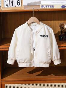 SHEIN 年轻男孩字母刺绣拉链口袋休闲长袖夹克 - 杏色 - 查看 3