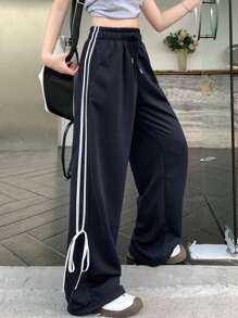 DAZY Women's Casual Contrast Color Patchwork Front Tie Pocket Long Pants Sweatpants