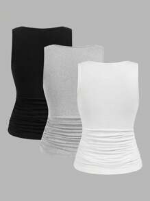 SHEIN LUNE Bộ 3 áo tank top nữ màu trơn, kiểu dáng giản dị, ôm sát cơ thể, hoàn hảo cho mùa hè. - Nhiều màu - Xem 11