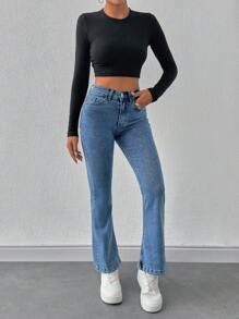 SHEIN PETITE Women Pocketed Flared Casual Versatile Denim Jeans - Medium Wash - View 3