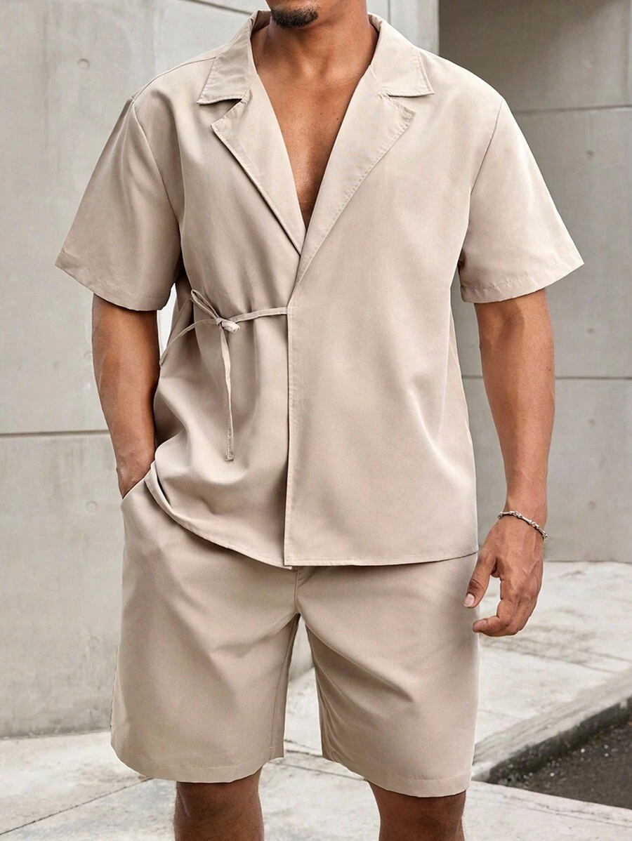 Manfinity Homme Bộ áo sơ mi và quần đùi ngắn tay hàng ngày cỡ lớn cho nam - Màu Khaki - Xem 1