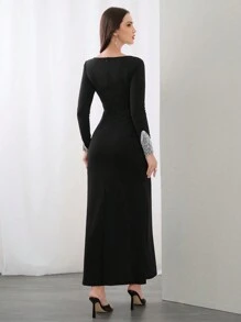 Modelyn Robe longue à manches longues et col en V avec bloc de couleurs pour femmes, robe de soirée élégante pour soirée