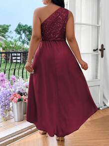 SHEIN Belle 大码优雅亮片拼接单肩无袖派对礼服，新年勃艮第女士服装 - 酒紅色 - 查看 2