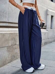 RueChic Women Navy Blue Striped Sweatpants With Boxer Belt Detail - Navy Blue - View 6