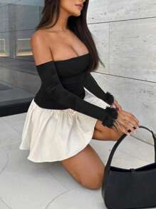 Chiquease Women's Color Block Off Shoulder Midi Dress - Black and White - View 4