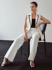 MOTF PREMIUM CONTRAST PIPING PEAK COLLAR BELTED WAISTCOAT