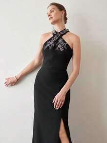 MOTF PREMIUM VÁY CỔ CỔ ĐÍNH HẠT Cườm RHINESTONE - màu đen - Xem 6