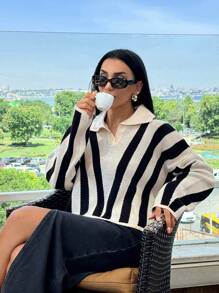 SHEIN Pull à épaules tombantes avec col en forme irrégulière et rayures pour femmes