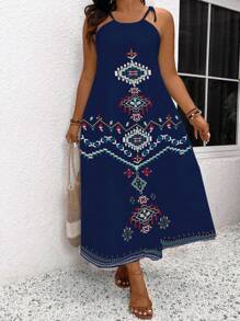 SHEIN LUNE Robe cami à bretelles avec nœud imprimé géométrique Plus - Bleu marine - Voir 3