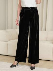 SHEIN LUNE Women's Solid Color Pockets Wide Leg Relaxed Dress Pants