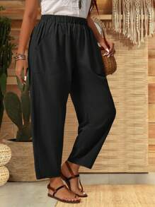 Pantalones de tobillo con cintura elástica, bolsillos y cordón para mujer de talla grande y unicolor - Negro - Ver 5