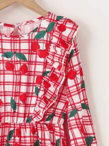 SHEIN Girls' (Big) Casual Sweet Cherry Plaid Ruffle Collar Long Sleeve Dress With Hat, Ideal For Vacation