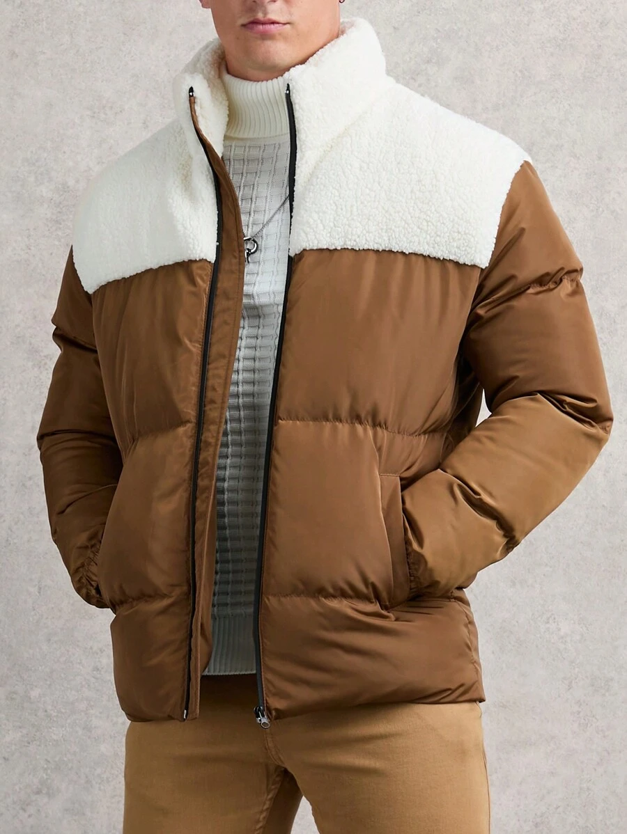 RueChic Men Fleece Lined Regular Puffer Coat - Brown - View 1