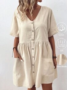 EMERY ROSE Women V-Neck Button Design Casual Daily Wear Dress - Khaki - View 5