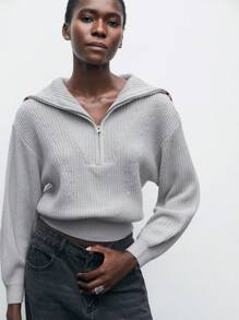 Maija Women's Solid Color Shawl Collar Half-Zipper Rib-Knit Long Sleeve Sweater - Grey - View 1