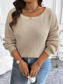 Flirla Pull en tricot texturé de couleur unie grande taille, pull automne hiver - Kaki - Voir 3
