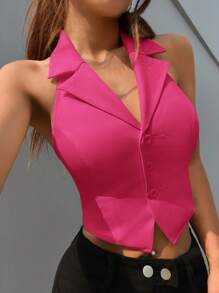 SHEIN EZwear Woven Round Neck Women's Suit Blazer In Magenta