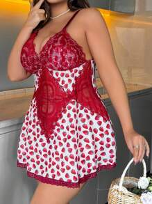 大尺碼經典性感蕾絲拼接花卉網紗連衣裙 - 紅白色 - 查看 1