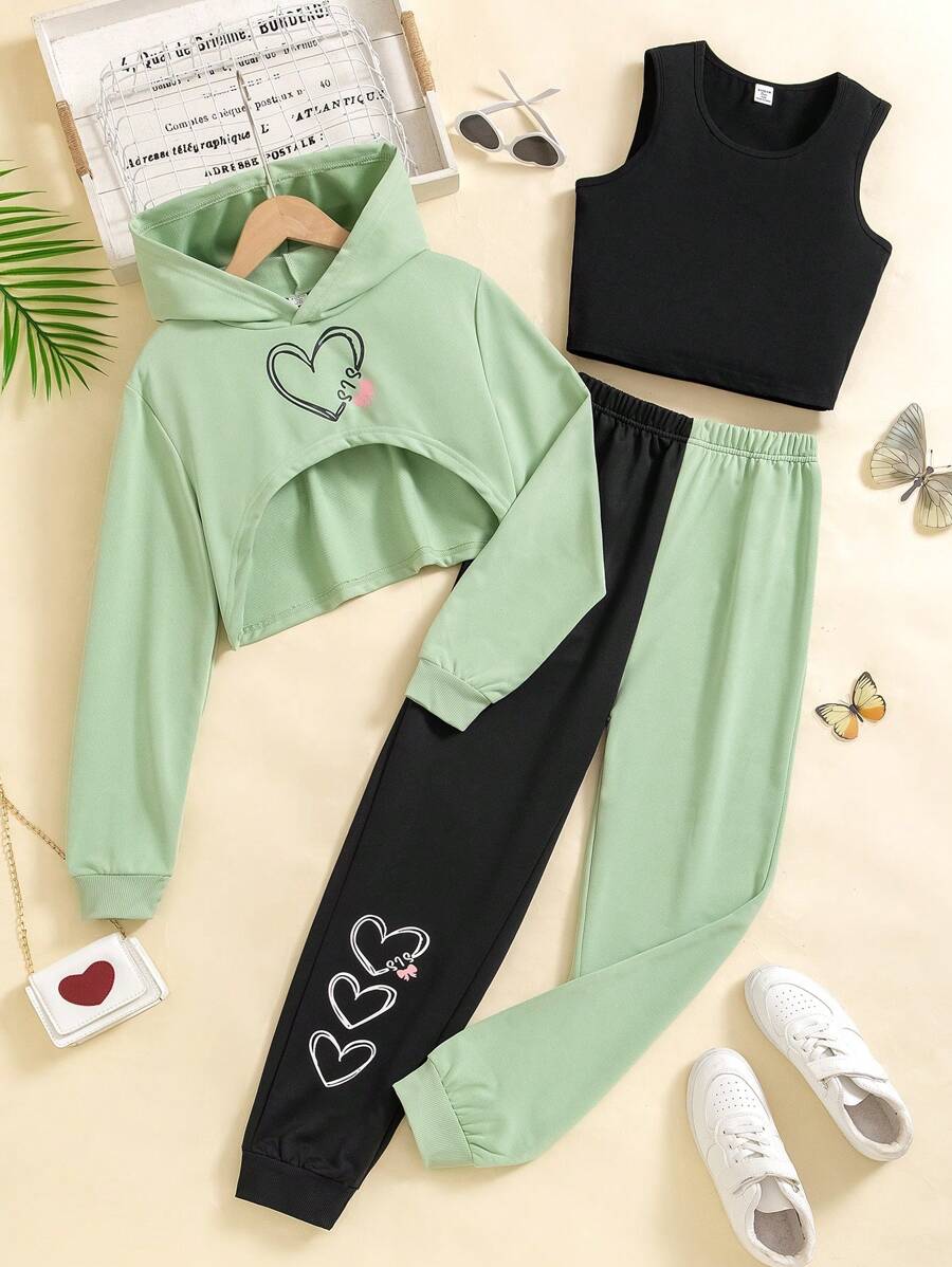 Bộ 3 áo nỉ trùm đầu in hình trái tim cho bé gái tuổi teen, áo ba lỗ và quần nỉ in hình trái tim tương phản trang phục thường ngày - màu xanh lá - Xem 1