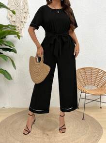 SHEIN Clasi Einfarbiger Rundhalsausschnitt Lässig Jumpsuit in großen Größen, Sommer