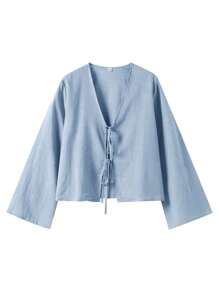 SHEIN VCAY Casual Solid Woven Flared Long Sleeve Loose Women's Blouse - Blue - View 3