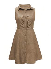 SHEIN LUNE Solid Button Front Belted Shirt Dress For Summer - Khaki - View 3