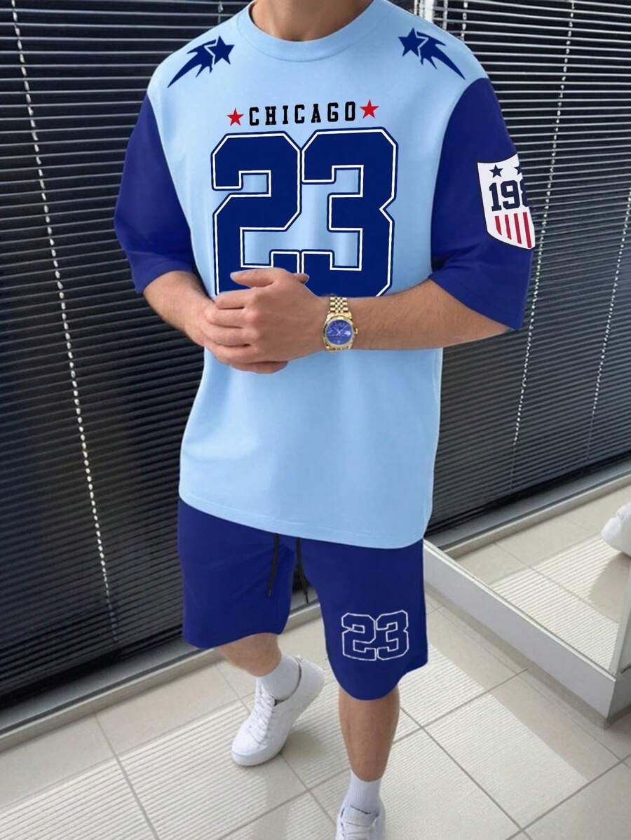 Manfinity Campus Court Men Summer Casual Color-Block Letter And Number Printed Short Sleeve T-Shirt And Shorts Set - Multicolor - View 1