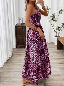 Breezaya Váy cổ chữ V họa tiết da báo dành cho nữ, Váy mùa hè sang trọng gợi cảm lưng cao - Màu tím - Xem 3