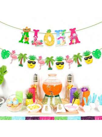 1set Hawaii Aloha Flag Decoration, Including Pineapple, Flamingo And Flower Shaped Banners, Suitable For Summer Party Decoration, Photo Booth Props, Hawaii Party Supplies Gift, Beach Party Decoration