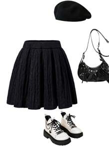 SHEIN Explorewe 少女黑色纯色时尚休闲别致韩版可爱柔软简约百褶裙，适合家居服、日常外出、户外、派对、秋冬季 - 黑色 - 查看 2