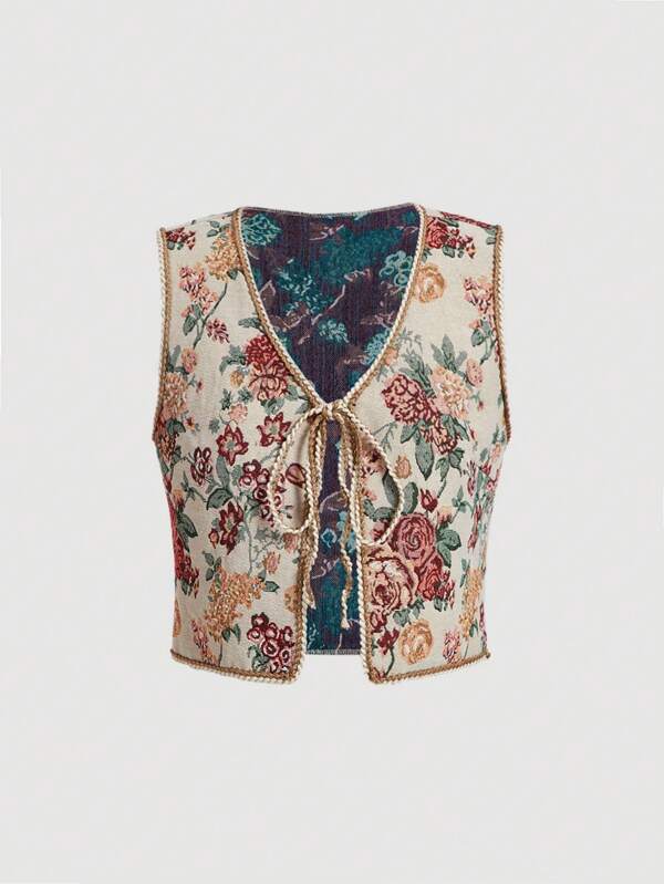 SHEIN MOD Jacquard Belted Vest Boho Jacket For Women, Floral Pattern, Perfect For Early Autumn Outfits,Fall Tops