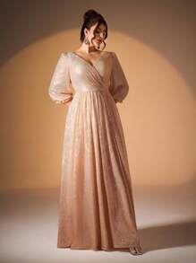 Plus Size V-Neck Ruched Bodice Sequin Decor A-Line Midi Dress Elegant Formal Evening Prom Wedding Guest Gown, For Graduation, Dinner Party Dress - 香檳色 - 查看 6