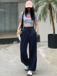 DAZY Women's Casual Contrast Color Patchwork Front Tie Pocket Long Pants Sweatpants