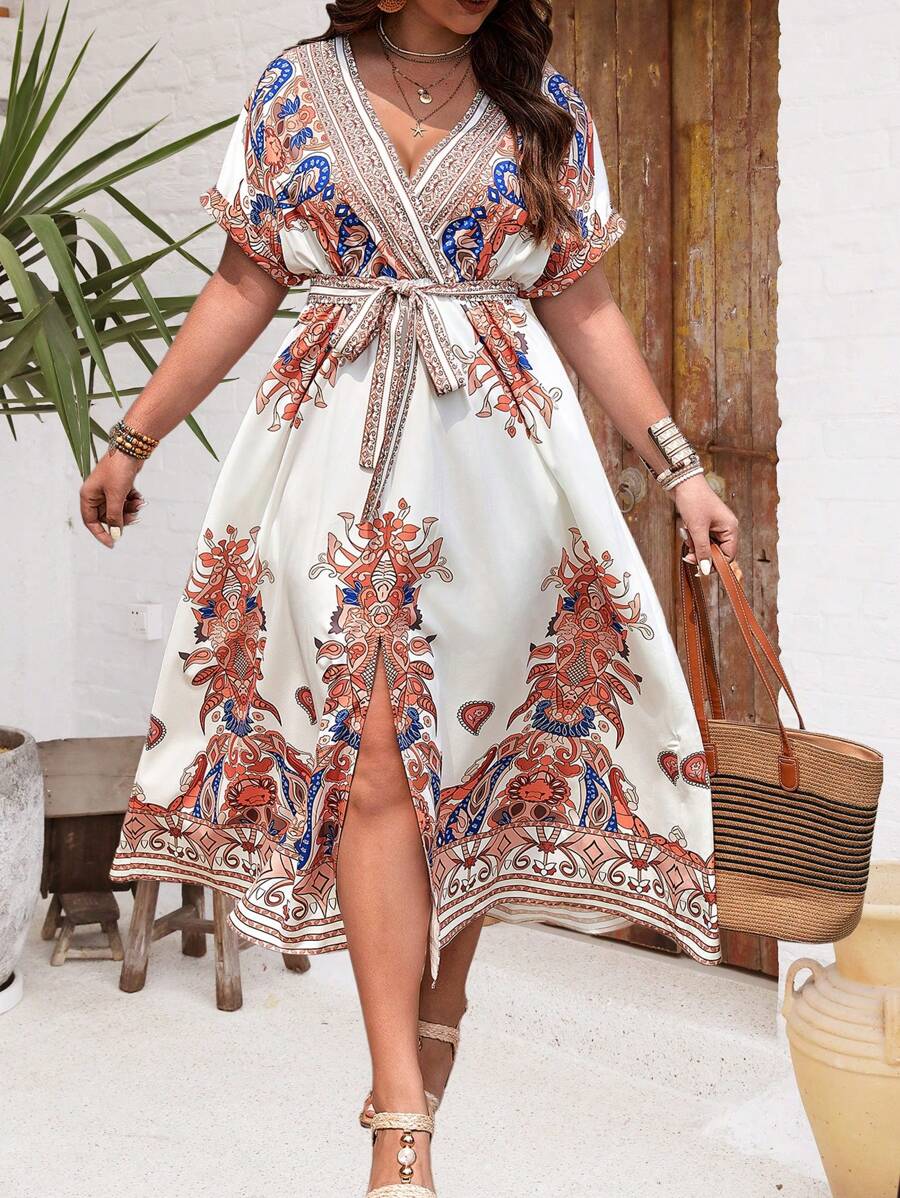 Franclia 大尺碼V領花卉全印花腰帶高中裂短袖夏季連衣裙 - 白色 - 查看 1