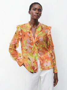 Maija Blusa de manga larga con estampado todo sobre y dobladillo con volantes, informal, primavera/verano para mujer - Amarillo - Ver 1