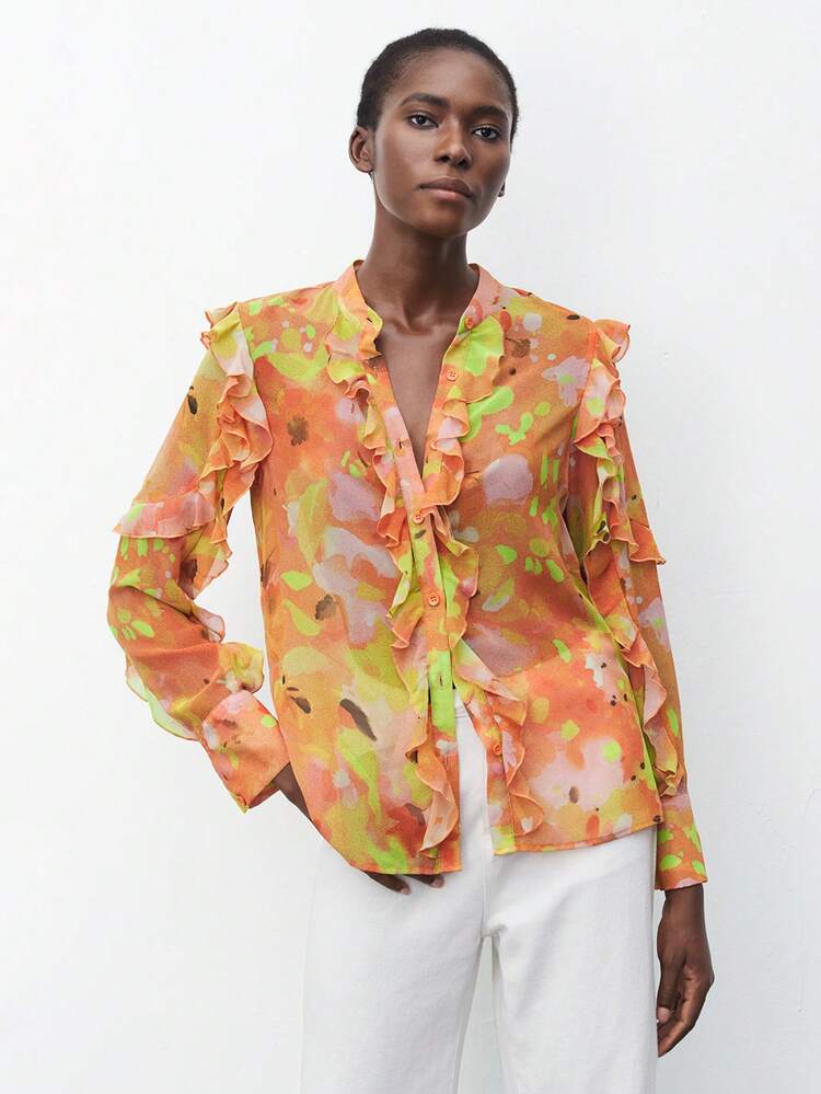 SHEIN Maija Women's Casual All-Over Print Ruffle Hem Long Sleeve Blouse, Spring/Summer