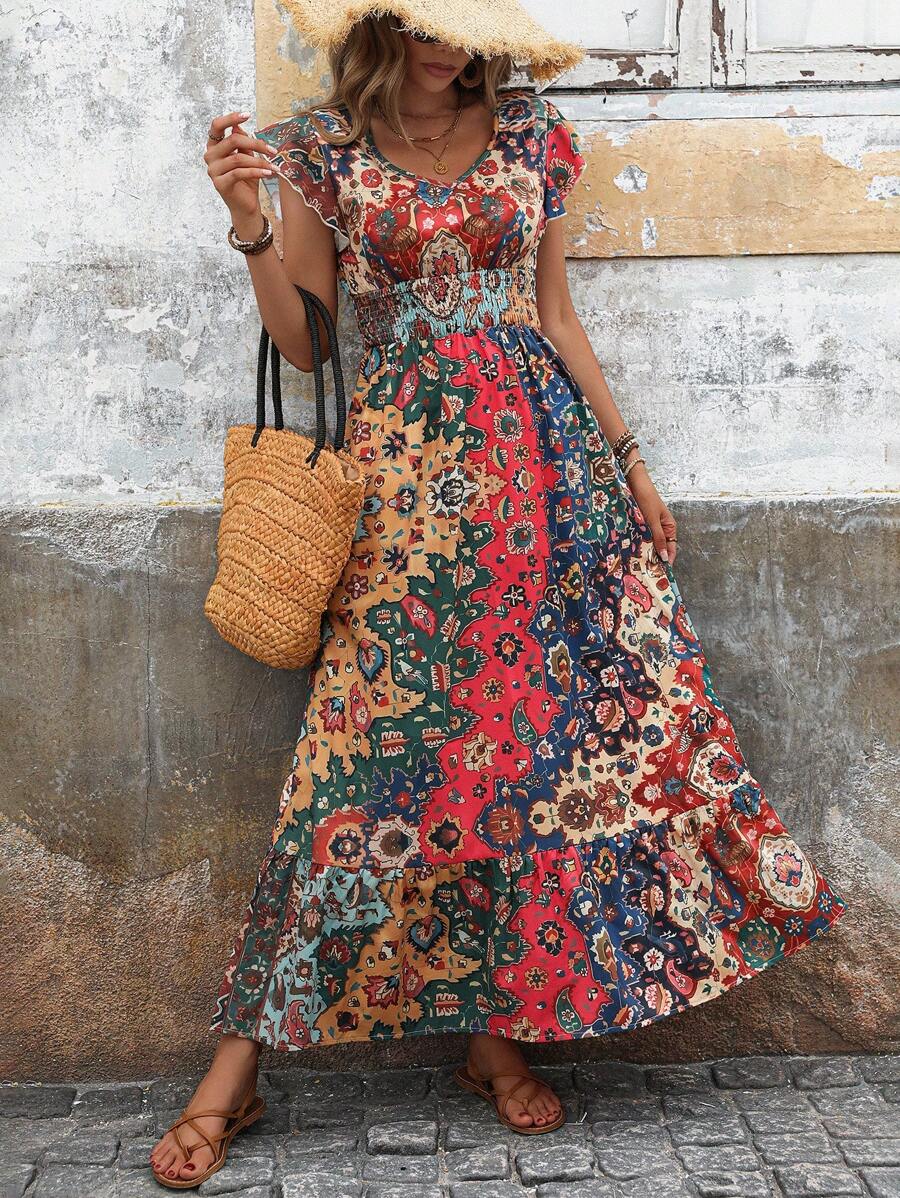 SHEIN LUNE Long Red Floral Print Dress For Women, Summer To Fall - Multicolor - View 1