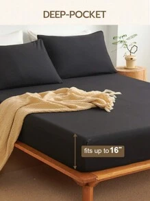 3pcs Solid Black Fitted Sheet Set, Made Of Microfiber Fabric, Includes 1 Fitted Sheet And 2 Pillow Shams (Pillow Insert Not Included), Modern Soft Bedding Set, Suitable For Home, Dorm, Back To School, Deep Pocket Design Fits Up To 16-Inch Mattress - Black - View 4