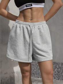 SHEIN EZwear Summer Loose Casual Pink Drawstring Waist Patch Detail Sports Shorts - Light Grey - View 7