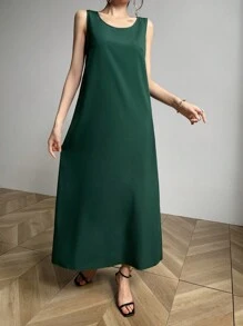 Modelyn 2pcs Women's Solid Color Minimalist Casual Mesh Vest Dress Set - Dark Green - View 8