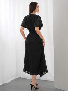 Modelyn 女士网眼荷叶边短袖连衣裙长款晚礼服 - 黑色 - 查看 2