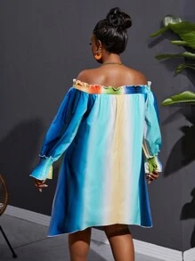 Slaydiva Plus Size Loose Off-Shoulder Flare Sleeve Asymmetrical Hem Short Dress, Rainbow-C, For Vacation & Leisure, Spring And Summer - Multicolor - View 4