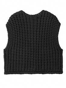 INAWLY Áo vest nữ dệt kim rộng có túi đôi và khuy kim loại một bên ngực - màu đen - Xem 2